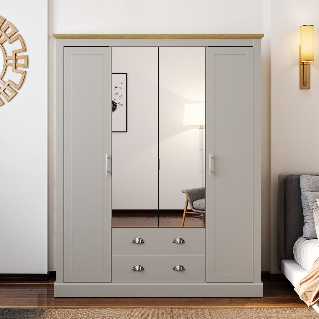 August Grove Sufy Benniton 4 Door 2 Drawer Wardrobe With Mirror Light Grey 181.3cm H X 145.6cm W X 56.3cm D