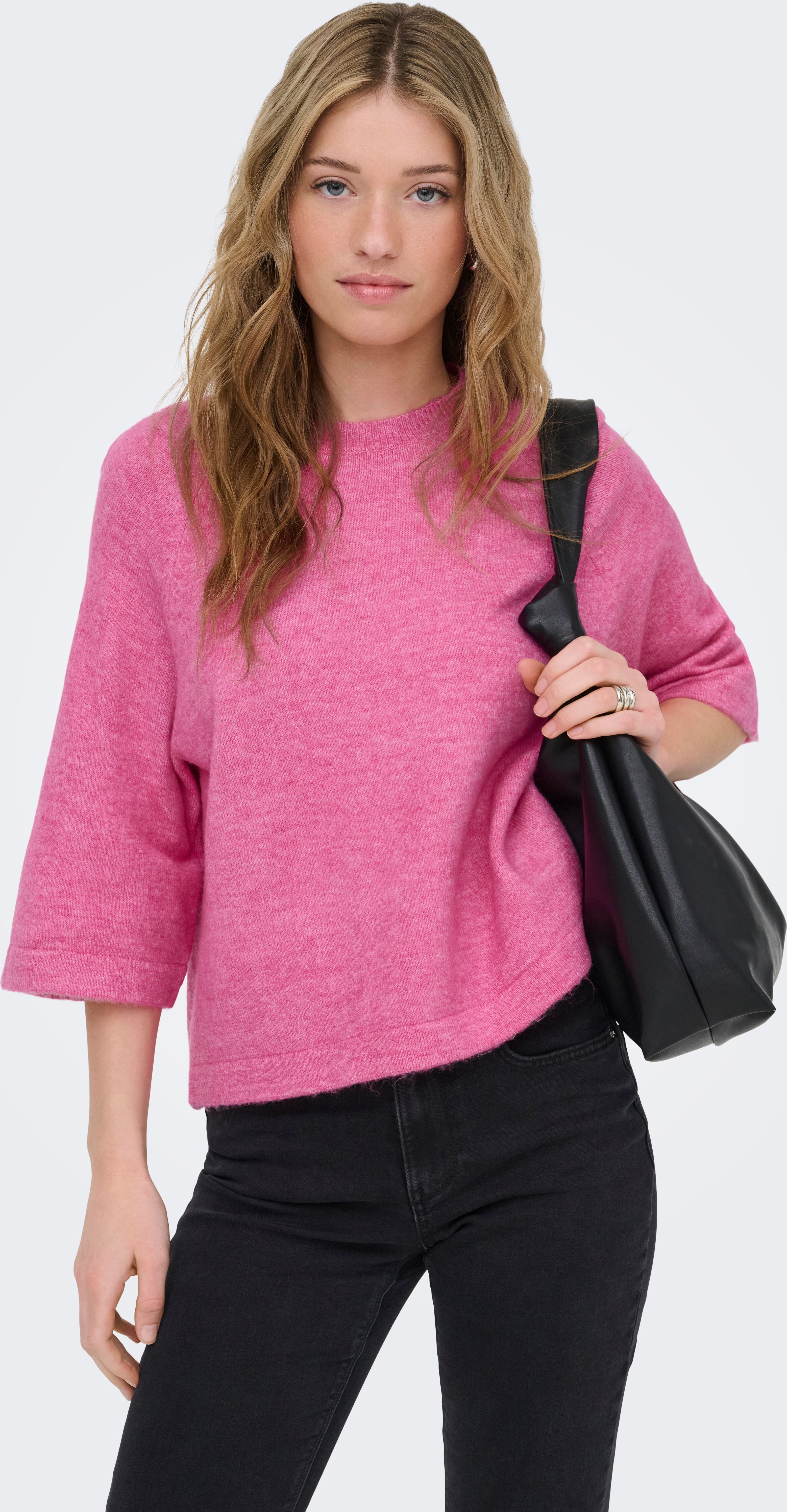 Strickpullover ONLY "ONLSIMONI 3/4 PULLOVER KNT NOOS", Damen, Gr. XL, pink (phlox pink detail:melange), Strick, Obermaterial: 74% Polyacryl, 24% Polyester, 2% Elasthan, meliert, regular fit hüftlang, Rundhals, weit, Pullover Strickpullover, Materialmix, r