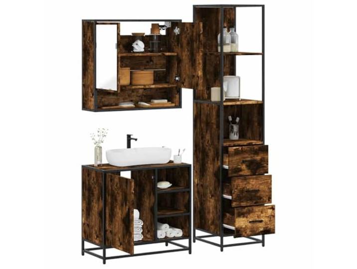 HWKQEQRF 3-TLG. Badmöbel-Set Räuchereiche Holzwerkstoff Badschrank, Waschbeckenunterschrank, Spiegelschrank, Lowboard, Metallgestell, Stauraum, Wandmontage, kleines Bad