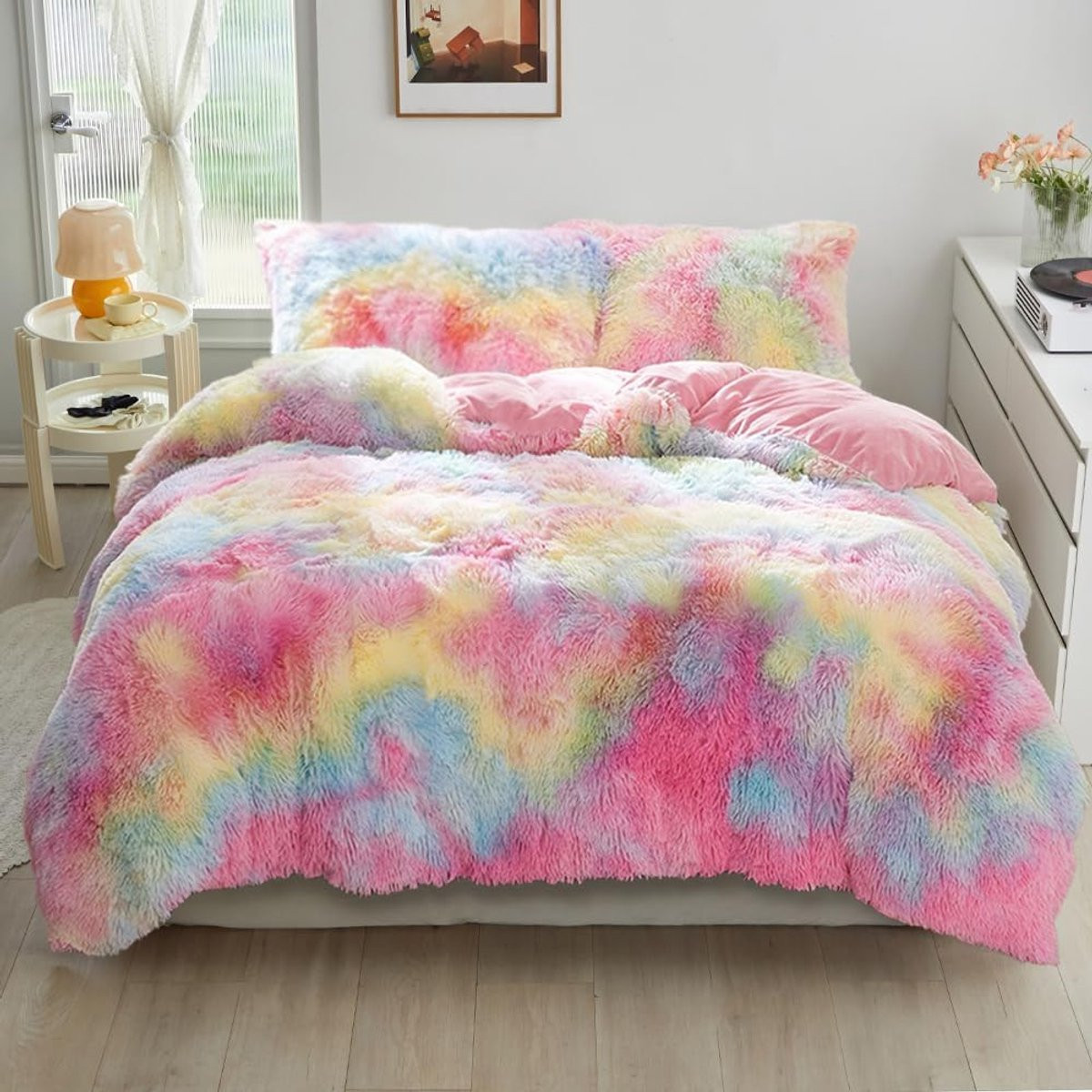 Pluche Dekbedovertrek Roze Regenboog 155x220 cm