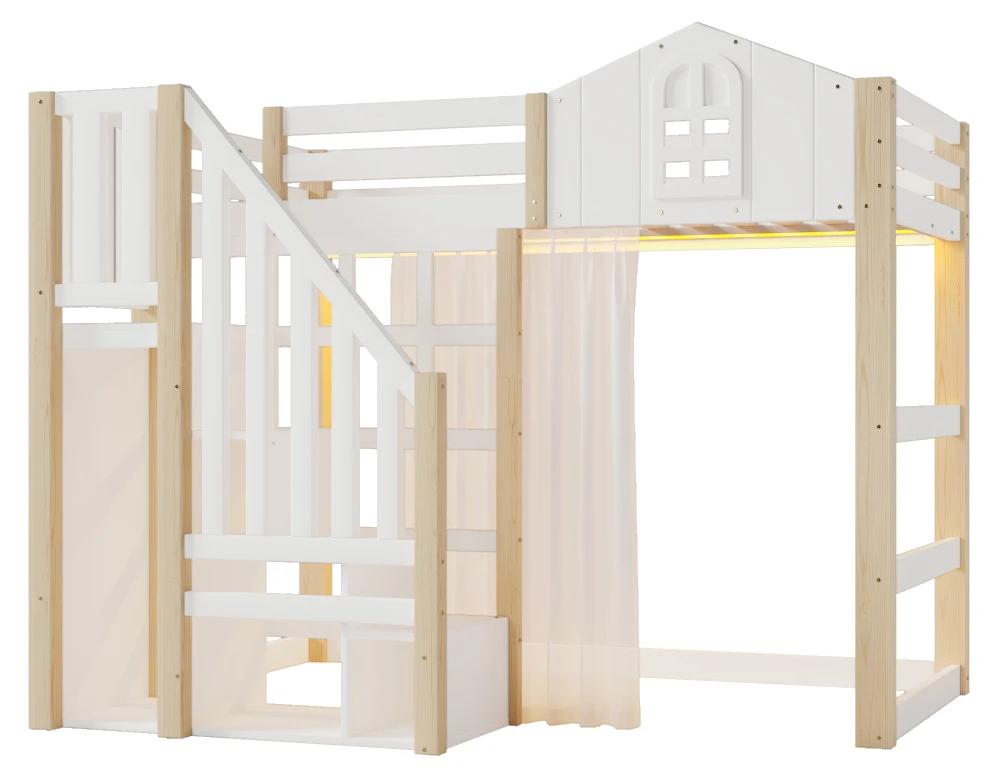 Kinderhochbett 90 x 200 cm - LED-Beleuchtung - Gaze - Fensterdesign - Offenes Ablagefach - Ohne Matratze - Weiß/Natur