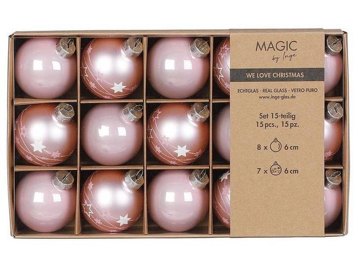 Weihnachtsbaumkugel INGES CHRISTMAS DECOR Lovely Magnolia Ø 6 cm, 15 Stück, Hellrosa , rosa (hellrosa), Ø:6cm, Kunststoff, Weihnachtsbaumkugeln, Weihnachtsbaumkugel
