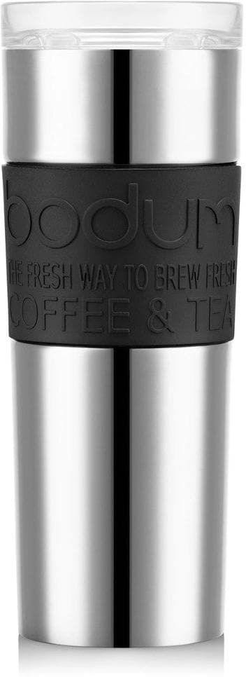 Thermobecher BODUM "Travel Mug Doppelwandig 0.45 l", silber (silberfarben), Trinkgefässe, 21,2cm, 450ml, Kunststoff, Silikon, Thermobecher, B:8,1cm H:21,2cm silberfarben 21,2cm, 450ml
