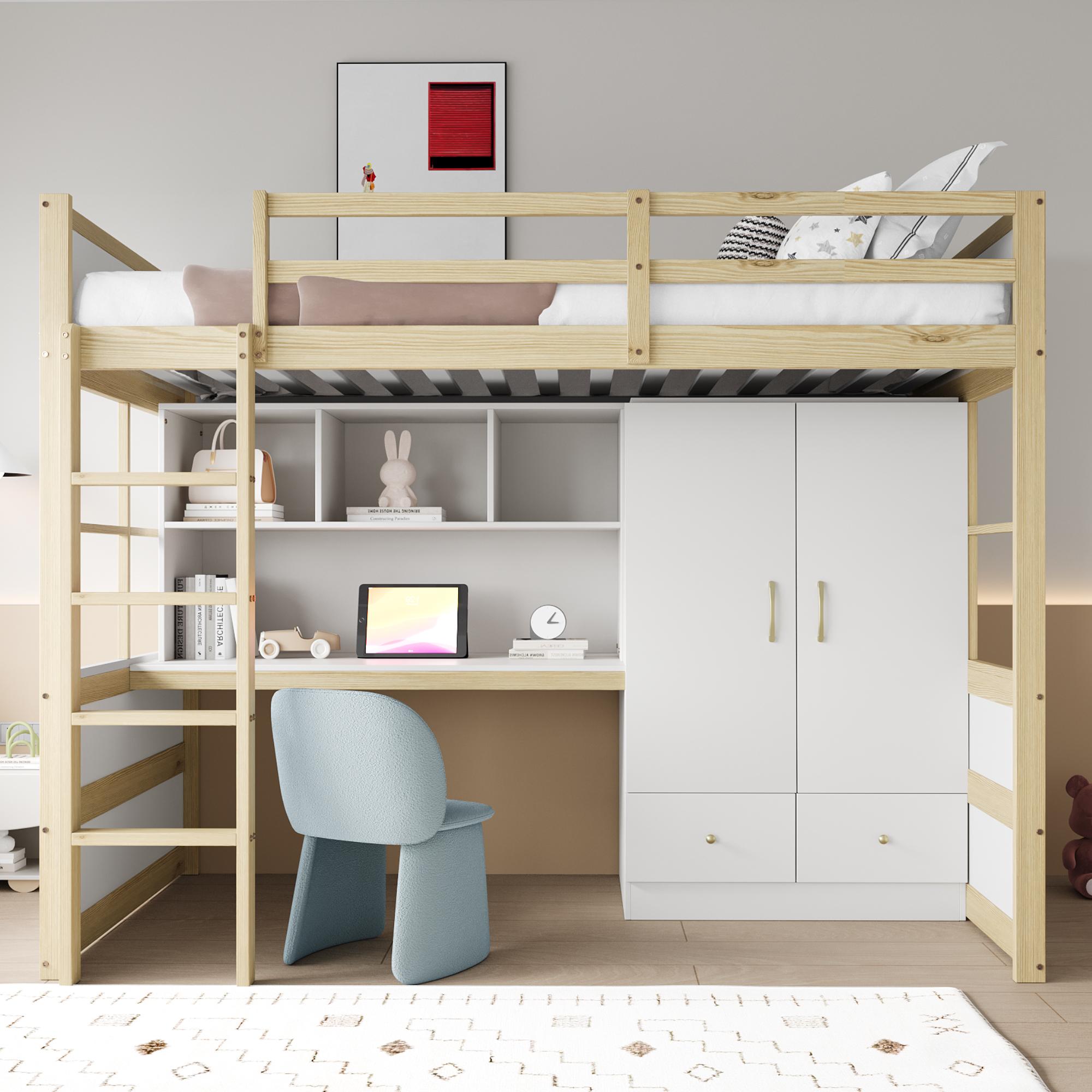 Merax Etagenbett Hochbett 90x200 mit Kleiderschrank und Schubladen, Kinderbett mit Schreibtisch mit Stauraum, Massivholzbett mit Lattenrost, Natur