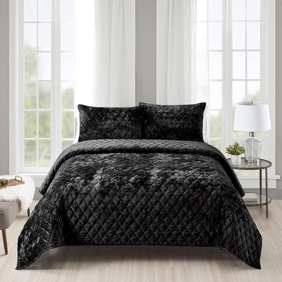 Dekbedset Fluweel met Diamant Quilting - 2-delig - Zwart