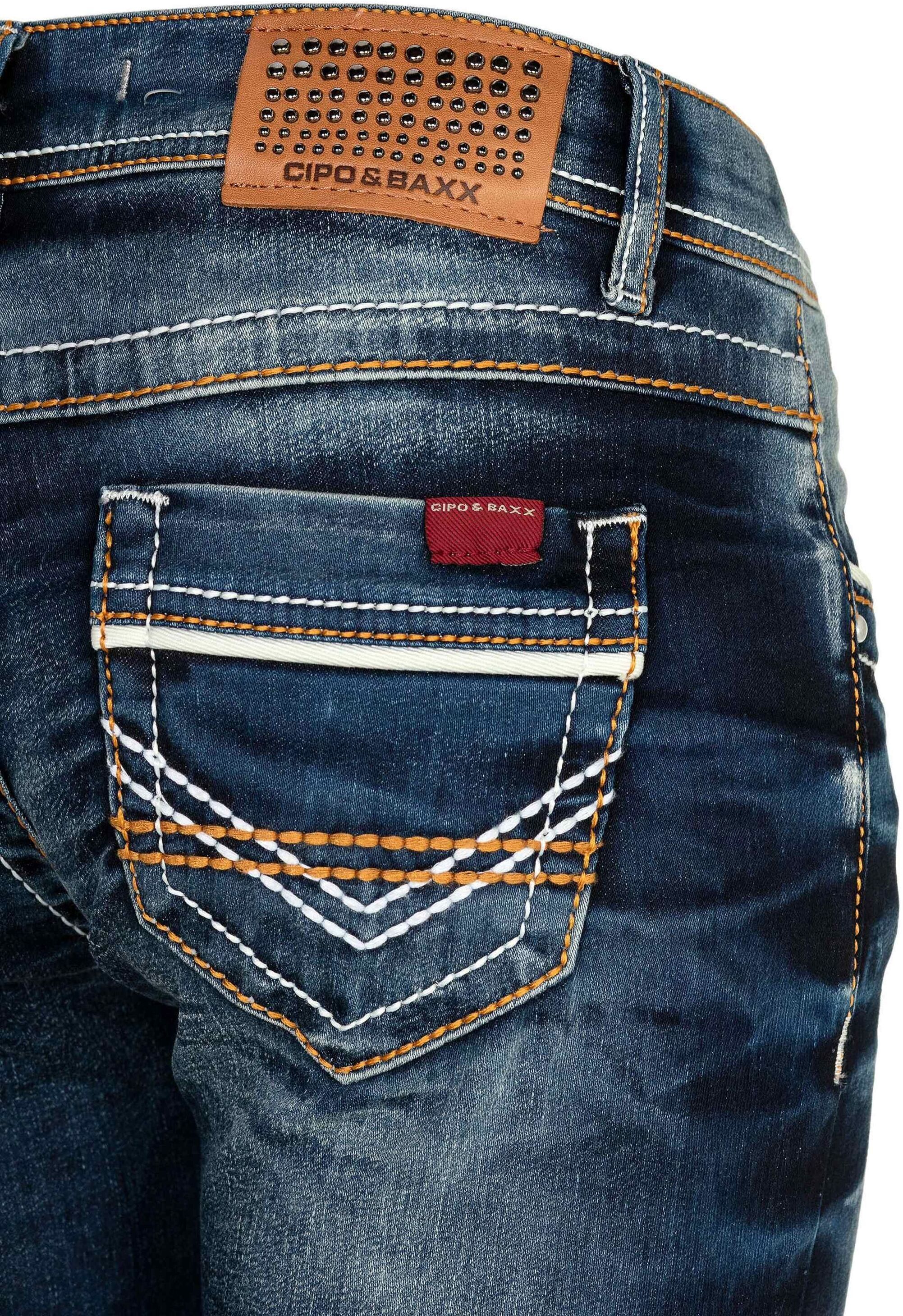Slim-fit-Jeans CIPO & BAXX "Jeans", Damen, Gr. 25, Länge 34, blau, 86% Baumwolle, 10% Elasthan, 4% Polyester, unifarben, slim fit lang, Jeans Slim-fit-Jeans, mit auffällig farbigen Ziernähten, WD256