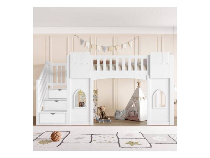 LuxusKollektion Hochbett Hochbett mit Stauraumtreppe Weiß Kinder Spielbereich (1-St)