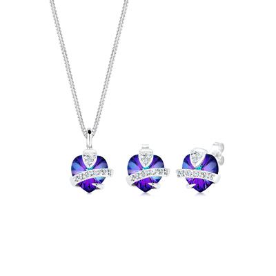 Ohrring und Ketten Set ELLI "Schmuckset Herz Glamourös 925 Silber, mit Kristallen von Swarovski" Gr. 45, lila (violett), Schmuck_Sets, Damen, 45