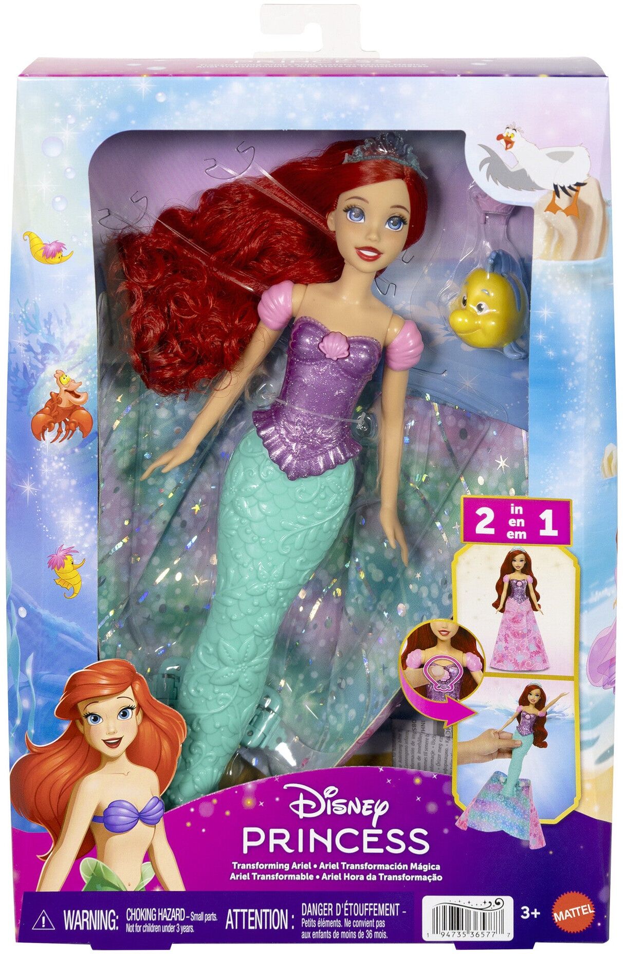 Mattel Disney Princess Ariel Human-to-Mermaid Transforming Fashion Doll with Flounder for Kids, Purple, Human/Mermaid Size