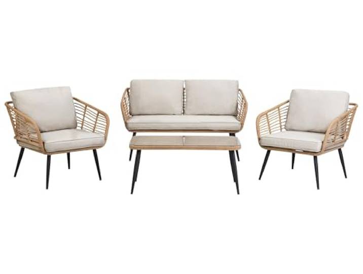 Beliani Gartenset Tisch Sofa 2 Sessel Sicherheitsglas/Stahl grau/natürlich Corinth II
