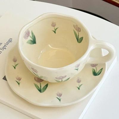 Inspired Living Hand Painted Ceramic Coffee Cup With Saucer Set, Cute Tea Cup For Cozy Breakfasts blue