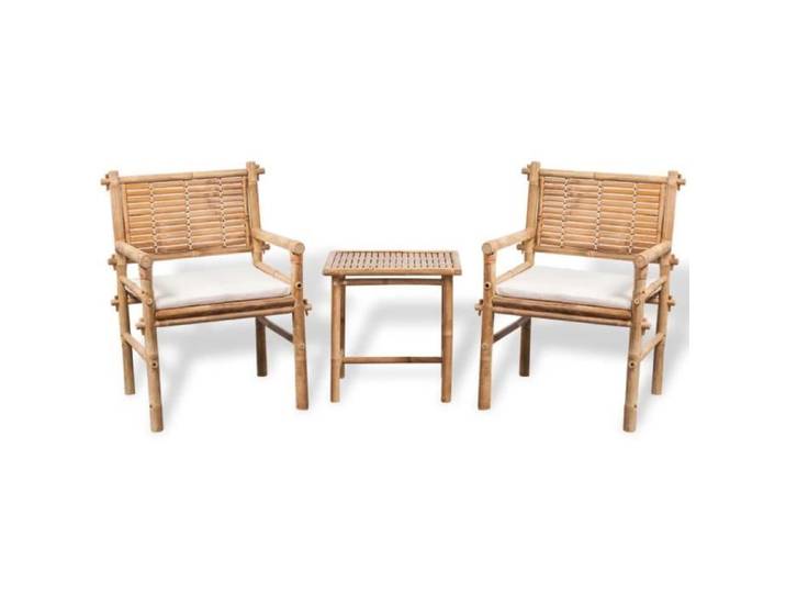 Ensemble de mobilier de bistro 3 pièces en bambou avec coussins blancs