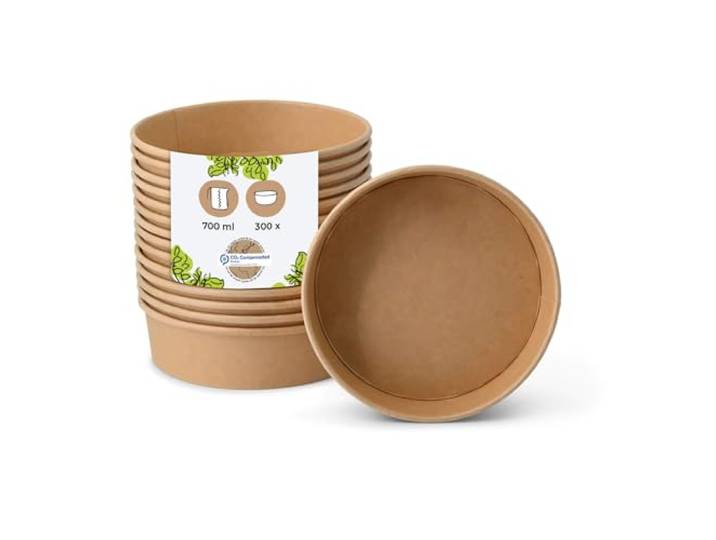 BIOZOYG Einweg Salatschale Bio Einweggeschirr Suppen-Schale braun rund 700 ml I Kompostierbare Schalen Kraftkarton Verpackung mit PLA Innenbeschichtung I 300 Einweg-Schalen To Go Becher Salat