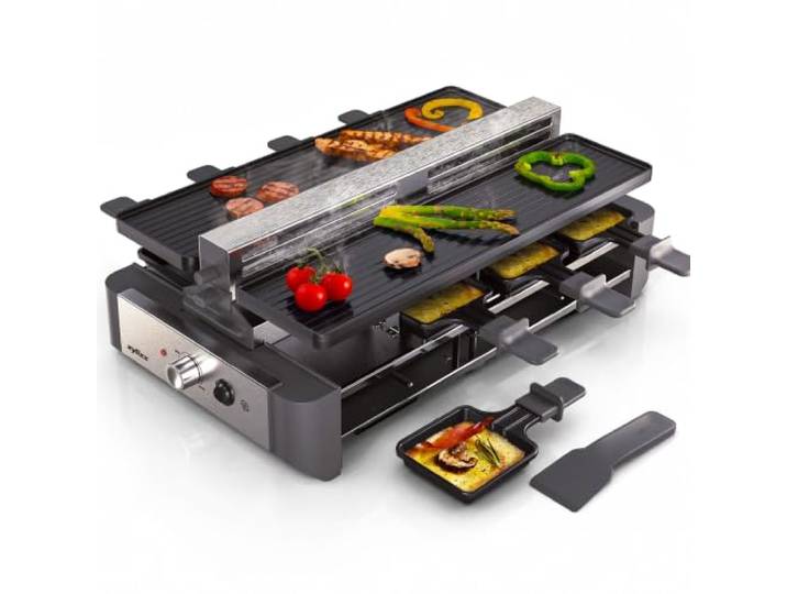 Zyliss Venti Raclette 8 Personen mit integrierter verstellbarer Rauchabzug Grillplatte aus Gusseisen, ILAG Antihaftbeschichtung, 1500 W, 8 Raclette Pfännchen und Spatel, Leicht zu Reinigen, Tischgrill
