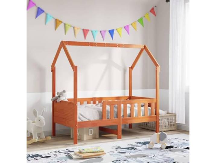 Massives Kiefernholz Hausbett verspieltes Design 80 x 160 cm Braun Kinderbett Hausbett Wachsbraun 80x160 cm Massivholz Kiefer Hausförmiges Design mit Sicherheitsseiten und Stauraum