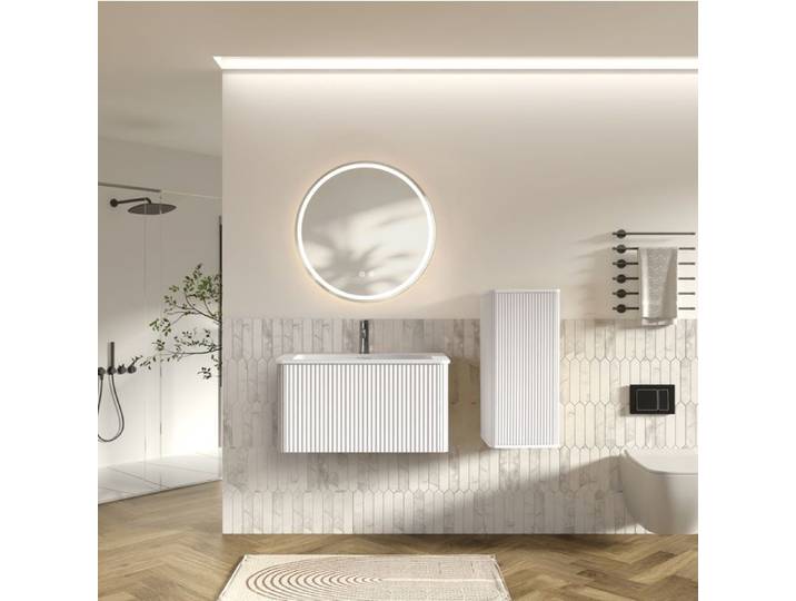 Ensemble Meuble Salle Bain Moderne LED Miroir Lavabo Céramique & Armoire Latérale - 81cm Blanc