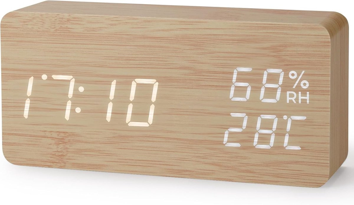 Thijox Digitale Houten Wekker met LED Display, Spraakbesturing, Datum, Temperatuur en Luchtvochtigheid, USB Oplaadpoort - Recta