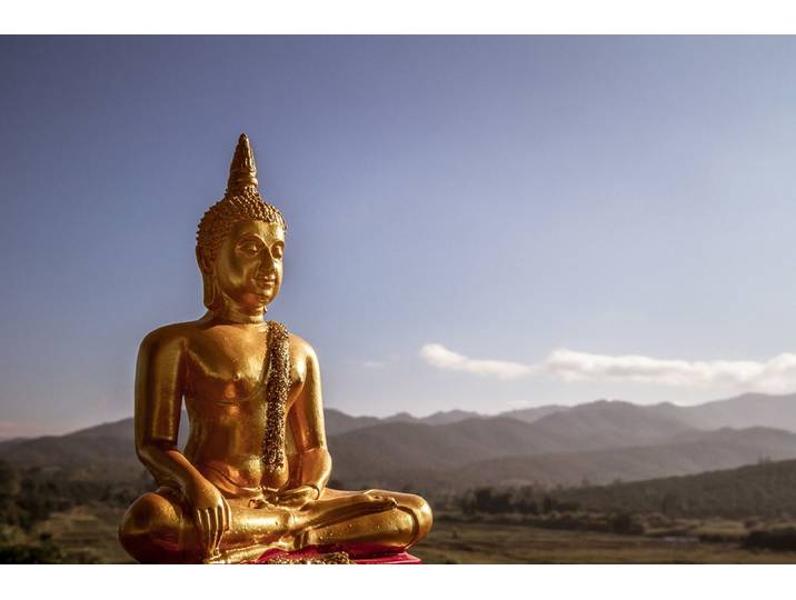 Fototapete PAPERMOON Goldene Buddha-Statue , bunt, B:5m L:2,8m, Vlies, Tapeten, Fototapete