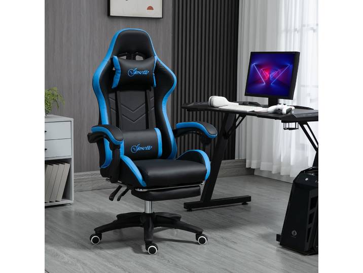Vinsetto Chaise de Jeu Bureau Bleu Noir avec Support Lombaire