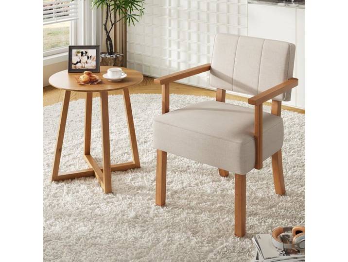 FAUTEUIL-Fauteuil d'appoint en lin fauteuil mid-century moderne Fauteuil à accoudoirs Dossier à Rayures Chaise de salon beige