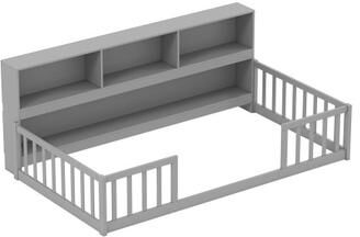 Costway Twin Size Montessori Floor Bed with Bookcase-Gray