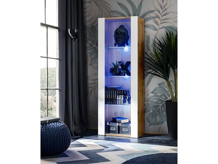 Komodee Vitrine Tivoli A1 Weiß/Wotan 55x159x35 cm Vitrine Tivoli, Weiß/Wotan, Breite 55cm x Höhe 159cm x Tiefe 35cm, LED Blau, 3 Regalböden, Glassvitrine für Wohnzimmer