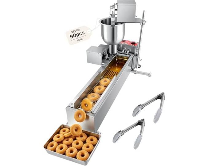 VEVOR Machine à beignets automatique commerciale\, appareil à donuts électrique à une rangée\, haute puissance\, 90 pcs/heure\, friteuse en acier inoxydable\, avec moules de 3 tailles\, comptage automatique
