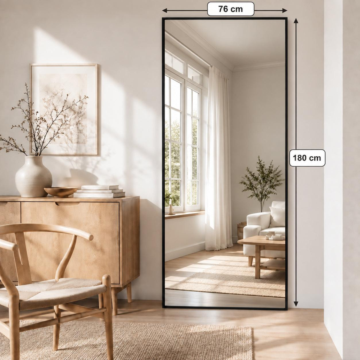 LunaMirror Jeffrey Passpiegel met aluminium lijst, zwart, 180 x 76 cm
