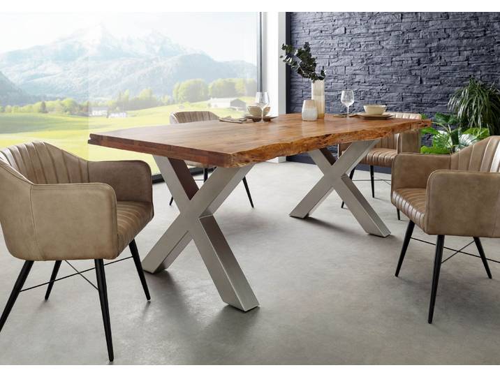 Baumtisch Akazie 200x100x77 Akazie natur lackiert / X-Beine silber matt FREEFORM 5