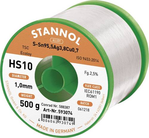 Stannol HS10 2510 Lötzinn, bleifrei Spule Sn95,5Ag3,8Cu0,7 ROM1 500g 1mm