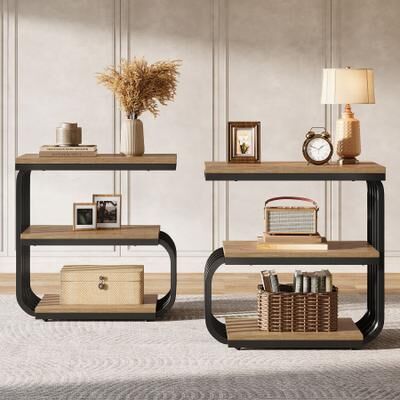 YUZHOU 3-Tier Industrial Nightstand with Curved Metal Frame for Bedroom