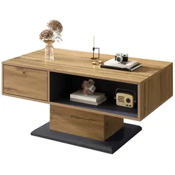 MODFU Couchtisch 100x50x47 cm mit doppelseitigem Stauraum Innenfach, griffloses Design, Holzoptik, Eiche+Grau