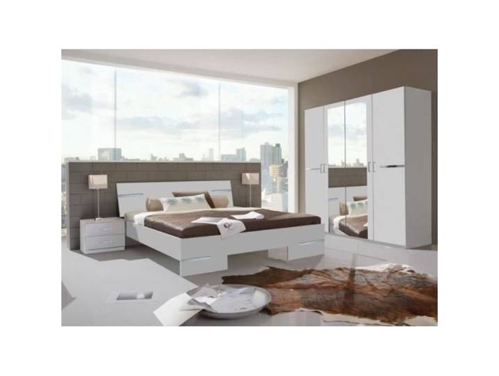 Chambre à coucher complète adulte (lit 140x200cm + 2 chevets + armoire) coloris blanc-chrome brillant