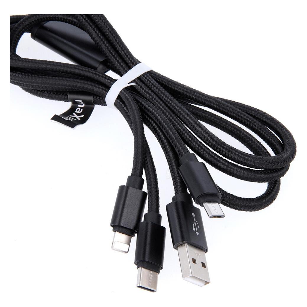 Maxlife 3in1 Kabel USB - Lightning + USB-C + microUSB 1,0 m 2,1A schwarzes Nylon (1 m, 10 W) (OEM001520)