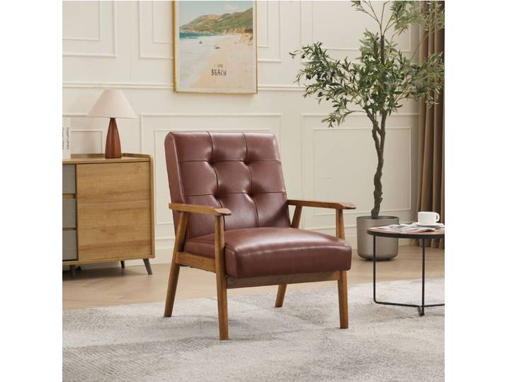 Fauteuil lounge 1 place dossier capitonne accoudoirs aspect noyer pieds en hevea cuir veritable marron - UVRION