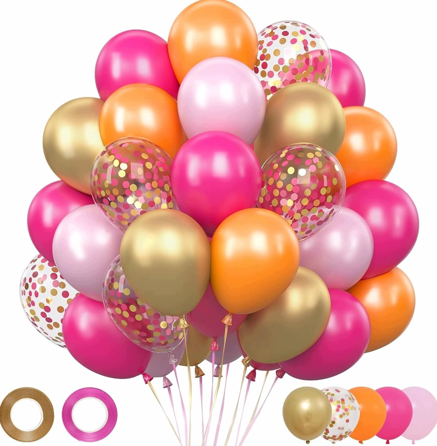 Set van 62 latex ballonnen in roze en oranje met confetti voor feestdecoratie, 30 cm