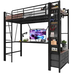 OKWISH Hochbett 90x200 cm aus Metall mit Schreibtisch und LED-Beleuchtung – perfekt für platzsparende Lösungen Schwarz