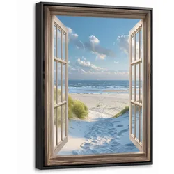 LEINWAND Bilder mit Rahmen - Aussicht - Strand - Fenster - Dünen - Meer - 30x40