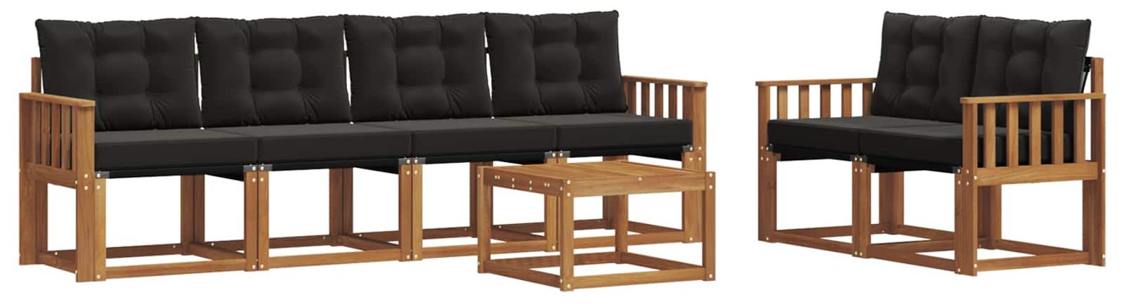 Modulare Outdoor-Sofagarnitur, Gartenmöbel-Set für 6 Personen, massives Akazienholz, wetterbeständig, natürlich und schwarz
