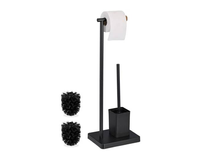 Relaxdays Serviteur WC\, HxLxP : 66\,5x23x18 cm\, Support Papier Toilettes\, Brosse et Porte-Brosse\, Acier Inoxydable\, Noir