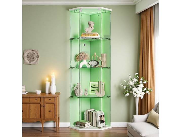 Vitrine en Verre - Modèle Pentagonal - Éclairage LED - 1 Porte - 4 Étagères - Blanc