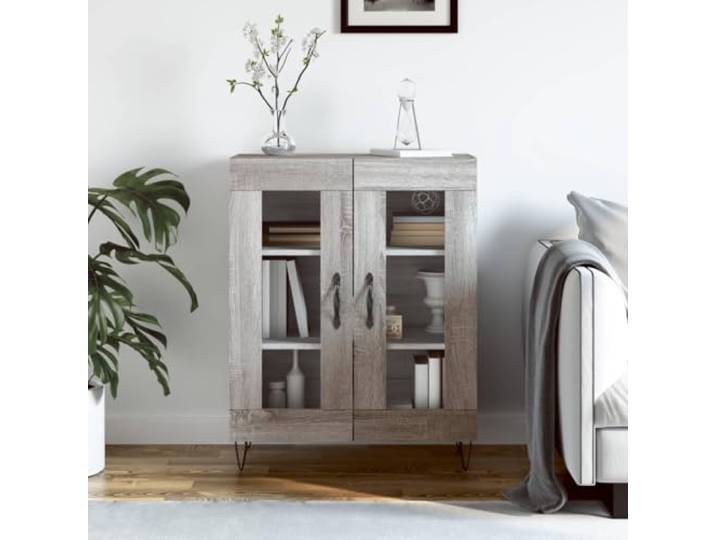 HEFZGDB Sideboard Grau Sonoma 69,5x34x90 cm mit viel Stauraum und Glasdesign zur Aufbewahrung und Präsentation - Klassisches Sideboard aus Holzwerkstoff mit Glasfront und Metallfüßen im