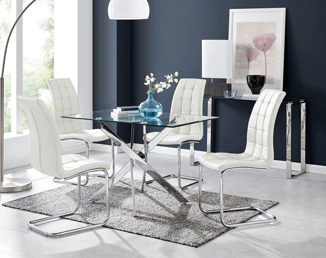Canora Grey Lenworth Chrome and Glass Rectangular Dining Table Set with 4 Modern Faux Leather Chairs White 4