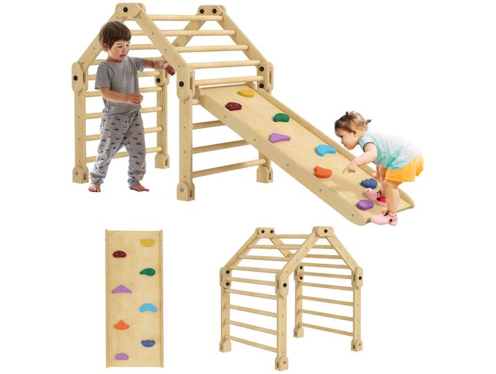 AIYAPLAY 3-in-1 klimrek voor binnen, opvouwbaar, Ladder & Glijbaan/Klimmuur, Hout, voor Kinderen van 1,5-4 Jaar Aosom.nl