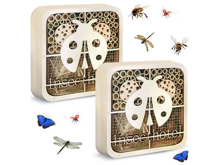 2er-Set Insektenhotel Marienkäfer , kinderfreundlich, Naturholz, 20 x 20 x 7 cm
