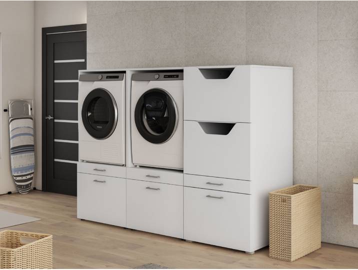 Meuble WASHING 2 machines côte à côte avec armoire linge blanc