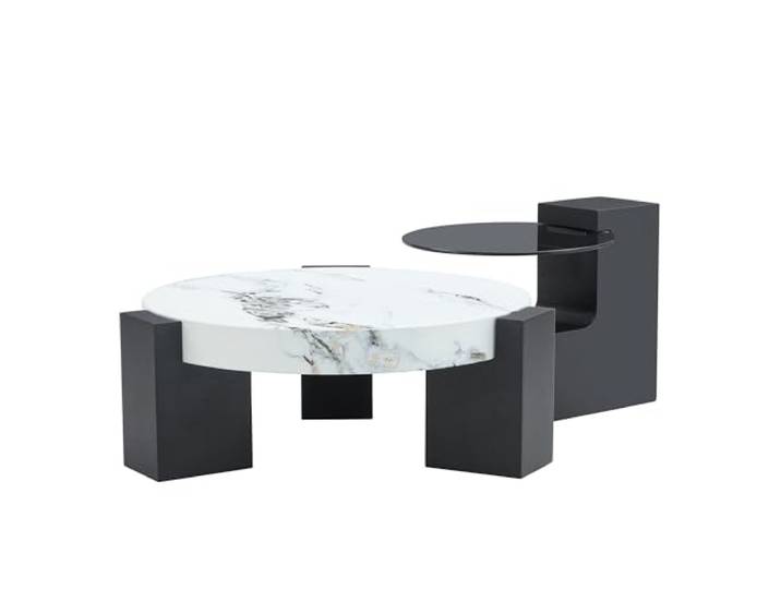 Vexelus Zweistufiges Couchtisch‑Set MDF Marmoroptik + graues Glas, zerlegbar als Couchtisch oder Zwei Beistelltische
