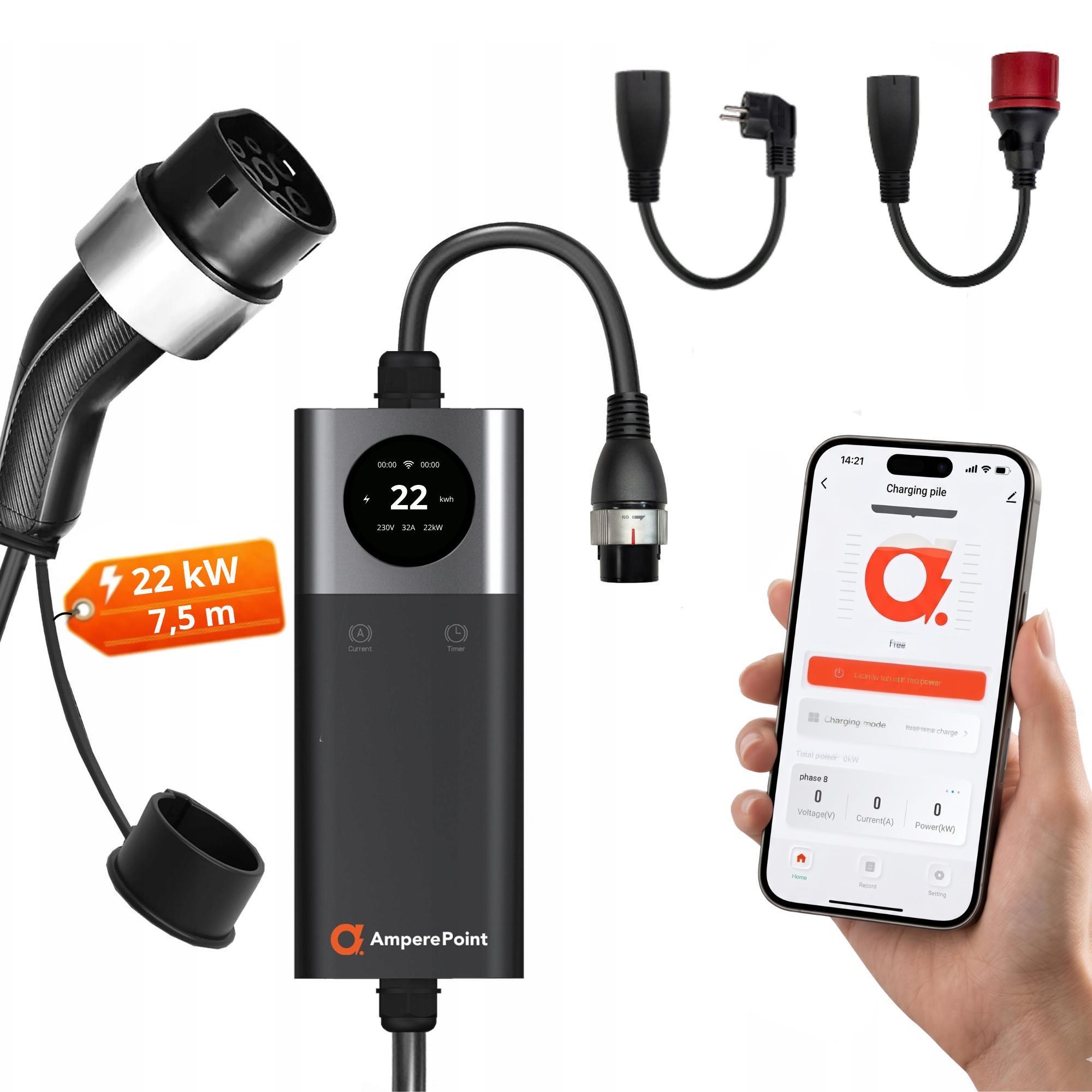 EV Ladekabel AMPEREPOINT Typ 2 32A 22kW 7,5M Portable Mobile Wallbox Q-Serie + Adapter für Schuko, CEE32A
