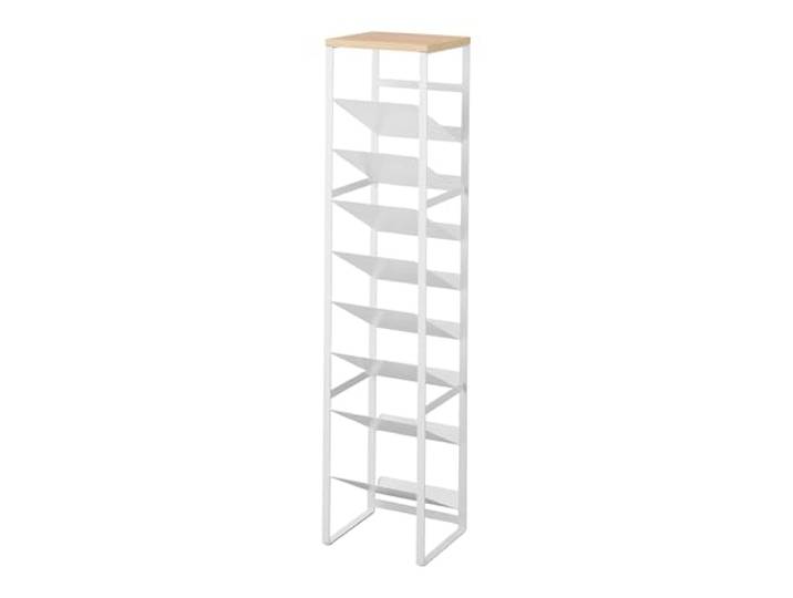 YAMAZAKI Tower 8-stöckiges Flaschenregal mit Holzablage aus Stahl - für Flasche (500ml) /Weinflasche, schmal -19,3 x 20 x 88,5 cm, Japanisches Design, weiß