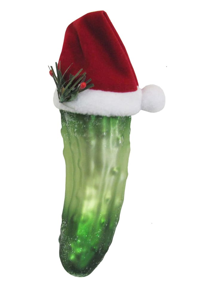 Krebs Glas Lauscha Christbaumornament "Weihnachtsgurke mit Stoffhut" in Grün/ Rot - (L)14 cm - onesize